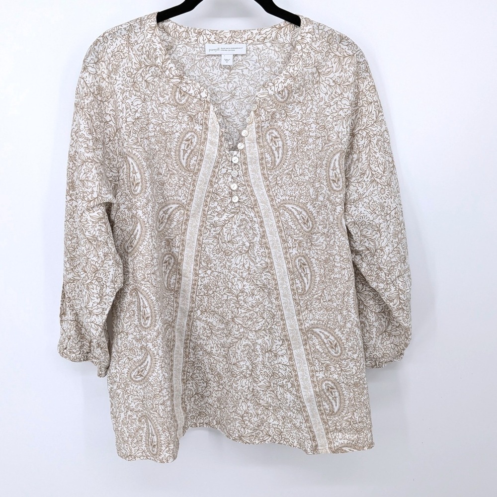 Pure Jill J Jill Henley Tunic Women Medium Tan Paisley Organic Cotton 3/4 Sleeve